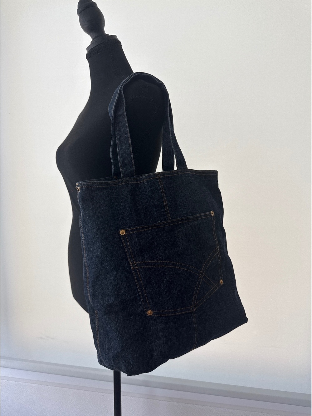 Handmade Dark Wash Denim Tote Bag Jean Pocket Shoulder Bag Y2K Western Casual